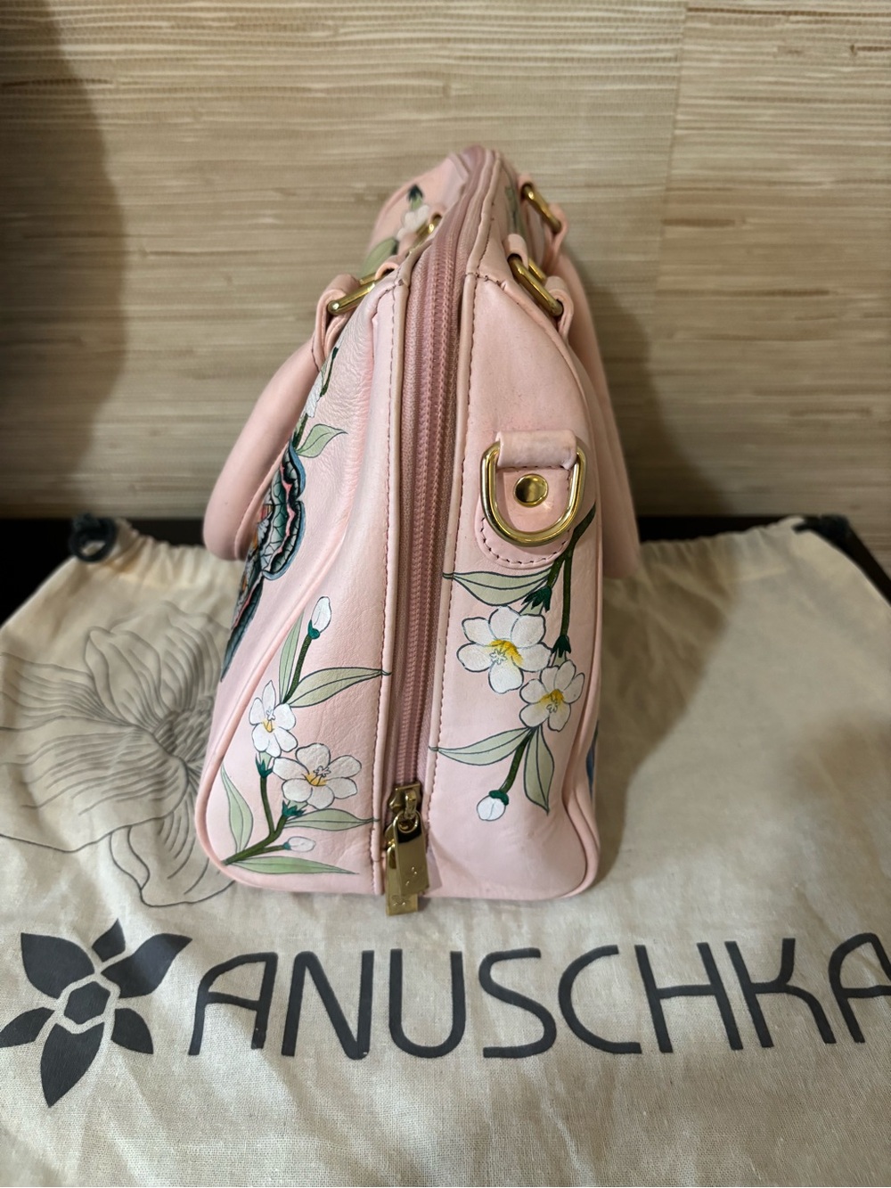 Anuschka Pink Hand-Painted Floral & Butterfly Satchel - Picture 4 of 12